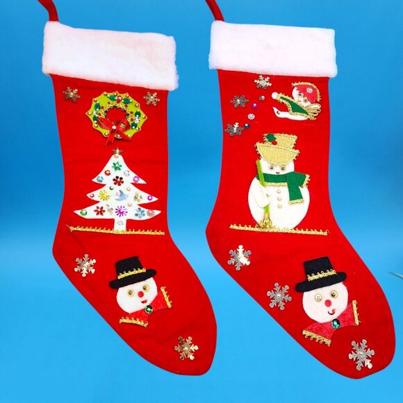 Vintage 1960s Felt Stockings Angel Snowman Wreath Faux Fur Sequins Beads Set - Picture 2 of 10